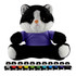A black and white cat plush toy with a purple shirt, accompanied by smaller plush cats in various colours.