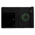 A5 RPET folio notebook in black with a vibrant green circular design, featuring an inner pocket and a slot for a USB.