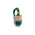 A green car reed diffuser with a wooden cap and a green cord for hanging.