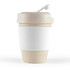 A reusable coffee cup in cream with a silicone band, featuring a lid and a simple design. It has a logo.