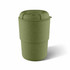 A drink bottle in a muted green colour with a textured ribbed base and a lid, featuring a logo.
