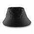 A black bucket hat with a wide brim, featuring a logo.
