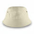A medium, beige bucket hat featuring ventilation eyelets and a flat brim. It has a branding logo.