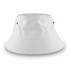 A large white bucket hat featuring eyelets and a wide brim. It includes a logo on the side.
