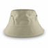 A beige bucket hat with ventilation eyelets and a wide brim. It features a logo on one side.
