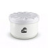 A round white air freshener container with a lid, featuring a simple logo. The base has a clear, light design.