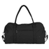 A black recycled canvas duffel bag with dual handles, a shoulder strap, and a front pocket. Features branding.
