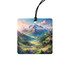 A square car air freshener featuring a scenic mountain landscape with colourful valleys and a clear sky. It has a hanging string.