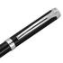A sleek black pen with a silver clip and detailing, featuring a logo. 
