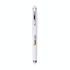 A white gel pen with a shiny silver clip and a logo on the barrel.
