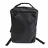 A black soft PU backpack with a top handle, zippered front pocket, and adjustable shoulder straps. Features a logo.