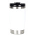 A drink bottle in white and stainless steel, featuring a black lid and a smooth design. It has a logo visible on the side.