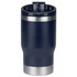 A drink bottle featuring a navy finish with a stainless steel base and a removable lid, including a logo.
