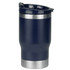 A drink bottle in navy blue with a stainless steel base, designed as a 2-in-1 tumbler cooler. Features a logo.