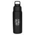 A drink bottle in matte black with a logo, featuring a screw-top lid and a sleek design.