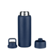 A drink bottle in dark blue with a stainless steel opening and two removable lids. It features a logo on the side.