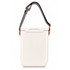 A cooler with a sleek cream exterior and a detachable striped strap. It features a sturdy handle for easy carrying.