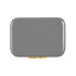 A grey cooler with a gold clasp, featuring a sleek, rectangular design and a glossy finish.