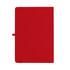 A red A5 journal with a smooth cover and a closure strap, featuring a logo on the front.