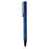 A blue ballpoint pen with a recycled aluminium body and a clip for attachment. It features a logo.