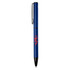 A blue ballpoint pen with a sleek design and a logo on its surface.