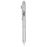 A stainless steel pen in silver featuring a textured grip and a logo on the side.