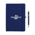 A navy blue journal with an elastic closure, accompanied by a matching pen. The journal features a logo.