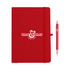 A red journal with an elastic closure and a matching red pen, featuring a logo on the cover.