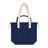 A navy tote bag with cream handles and a front pocket, featuring a branded logo.