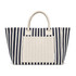 A navy and cream striped tote bag with two sturdy handles and a front pocket. It features a branding logo.