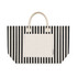 A striped tote bag featuring black and cream colours, with a solid cream pocket and handles. It has a brand logo.