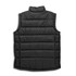 A black unisex puffer vest with a quilted design and a high collar. It features a logo on the fabric.