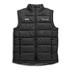 A black unisex puffer vest with a high collar and zip front, featuring branding on the chest.