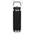 A drink bottle featuring a sleek black design with a stainless steel base and a handle for easy carrying.
