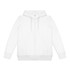 A white zipped hoodie with a hood, featuring front pockets and a logo on the label.