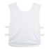 A white unisex bib featuring adjustable straps and a simple design. It includes a logo.