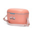 A peach-coloured cooler with a light blue handle and a logo on the front, featuring a detachable shoulder strap.