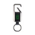 A stainless steel Bluetooth tracker with a black body and a key ring attachment, featuring a logo.