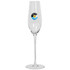 A clear glass champagne flute with a logo featuring a sun and waves. Elegantly designed with a tall stem.