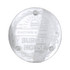 A clear round glass coaster with a logo design and four small feet for stability.