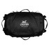 A black duffel bag with handles, featuring a logo on the front.