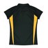 A women's polo shirt in dark green with yellow side panels and a logo.
