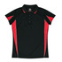 A black polo shirt with red accents and a logo on the collar. Features a classic button-up design.