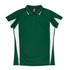 A green polo shirt with white side panels and a collar, featuring a branding logo.