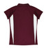 A maroon polo shirt with white side panels and a collar, featuring branding on the back.