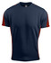 A navy blue T-shirt with red accents on the sleeves and sides. It features a logo on the collar.