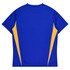A blue T-shirt with yellow accents on the sides, featuring a brand logo.
