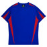 A blue t-shirt with red accents and a logo on the label, showcasing a sporty style.