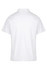A white polo shirt featuring a collared neckline and short sleeves, with a logo on the back.