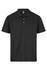 A black polo shirt with a collar and three-button placket, featuring a logo on the left chest area.